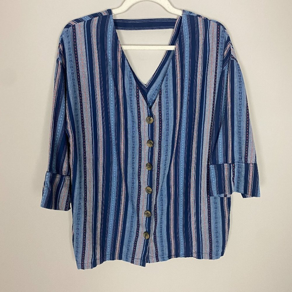 RD Koko Striped Lagenlook Shirt Top Womens Medium Oversized Striped 100% Cotton - Picture 2 of 9